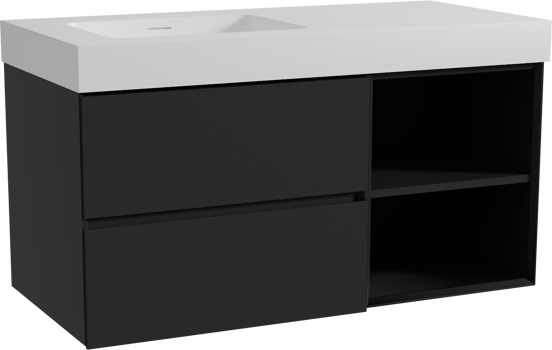 Storke Edge zwevend badmeubel 110 x 52 cm mat zwart met Mata High asymmetrisch linkse wastafel in solid surface mat wit