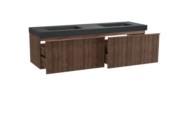 Balmani Forma zwevend badkamermeubel 180 x 55 cm amerikaanse notelaar met Napoli dubbele wastafel in graniet zwart, Verticale symmetrische rechte ribbel