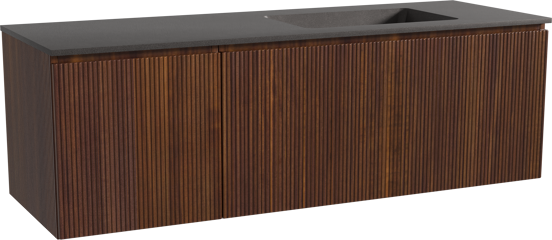 Storke Ribs meuble salle de bains suspendu 150 x 52 cm noyer avec Scuro vasque asymétrique droite en quartz noir mat, Nervure droite symétrique verticale