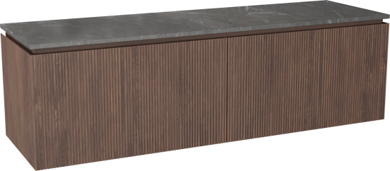 Balmani Eclips zwevend badkamermeubel 180 x 55 cm Amerikaanse notelaar met Stretto enkel of dubbel tablet in Pietra Grey marmer, Verticale symmetrische rechte ribbel