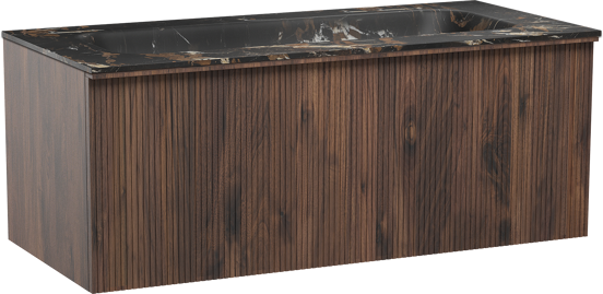 Balmani Forma zwevend badmeubel 120 x 55 cm amerikaans notenhout met Tablo Arcato enkele wastafel voor 2 kraangaten in marmer portoro gold, Verticale symmetrische rechte ribbel