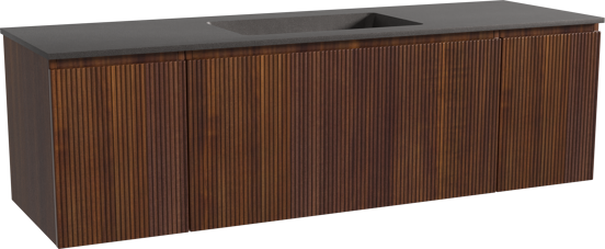 Storke Ribs zwevend badkamermeubel 165 x 52 cm notelaar met Scuro enkele wastafel in kwarts mat zwart, Verticale symmetrische rechte ribbel