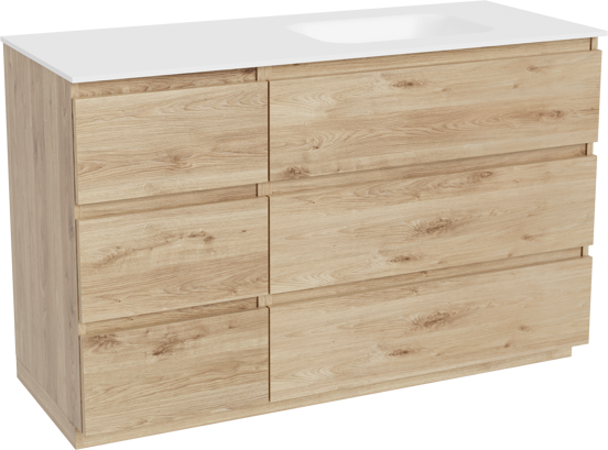 Balmani Lucida meuble salle de bains à poser 135 x 55 cm chêne brut avec Tablo Arcato plan vasque asymétrique à droite en solid surface blanc mat