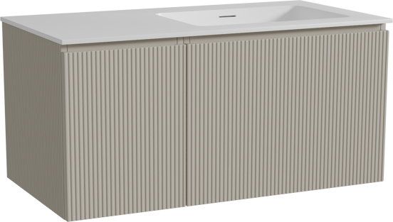 Storke Ribs meuble salle de bains suspendu 100 x 52 cm soie grise avec Mata plan vasque asymétrique à droite en solid surface blanc mat, Nervure droite symétrique verticale