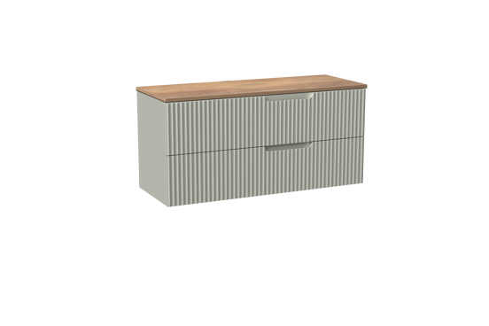 Linie Ribbo meuble salle de bains suspendu 120 x 46 cm greige avec Lado tablette simple ou double en mélaminé chêne naturel, Nervure circulaire symétrique verticale