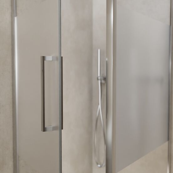 Balmani Senses Design douchehoek met linkse draaideur en vaste zijwand, 90 x 90 cm, Helder glas met matte strook, Chroom profielen, met coating