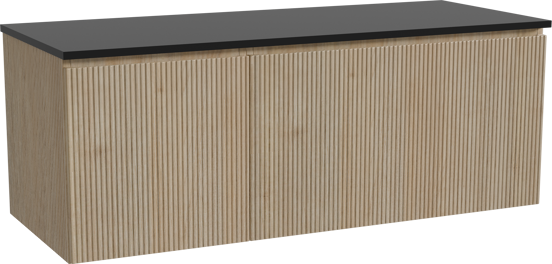 Storke Ribs meuble salle de bains suspendu 130 x 52 cm chêne brut avec Panton tablette simple ou double en mdf enduit de poudre noir mat, Nervure droite symétrique verticale