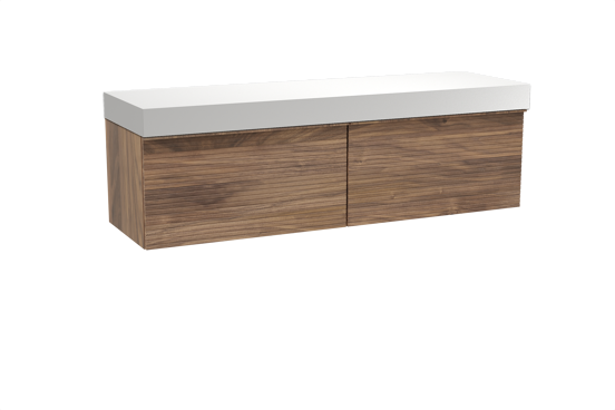 Balmani Forma zwevend badkamermeubel 180 x 55 cm amerikaanse notelaar met Dominus enkel of dubbel tablet in solid surface mat wit, Horizontale symmetrische rechte ribbel