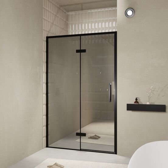 Balmani Senses Design douche draaideur links 140 cm x 210 cm Reflex spiegelglas, Zwarte profielen, met coating