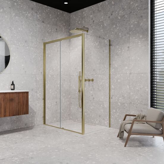 Balmani Senses Design Eckdusche: Schiebetür (Links) mit fixierte Seitenwand, 140 x 90 cm, Klarglas, Profil Brushed Champagne Gold