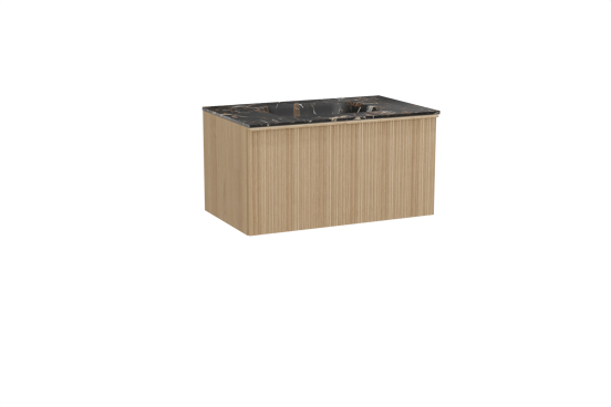 Balmani Forma hängendes Möbelstück Set: 90 x 55 cm, Naturbelassene Eiche, mit Tablo Arcato Einzelwaschtisch, Marmor, Portoro Gold, Vertikale asymmetrische Runde Rippe