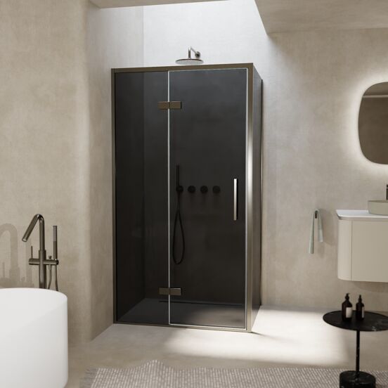 Balmani Senses Design douchehoek met linkse draaideur en vaste zijwand, 100 x 90 cm, Rookglas, Brushed GunMetal profielen