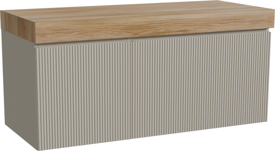 Storke Ribs zwevend badmeubel 120 x 52 cm zijdegrijs met Kada enkel of dubbel wastafelblad in hpl rustiek teakhout, Verticale symmetrische rechte ribbel