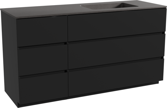 Storke Edge staand badmeubel 150 x 52 cm mat zwart met Scuro asymmetrisch rechtse wastafel in kwarts mat zwart