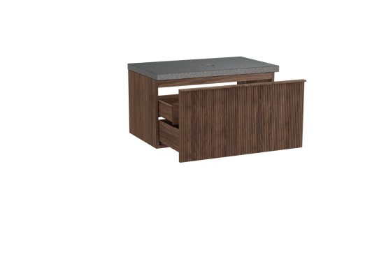 Balmani Forma meuble salle de bains suspendu 90 x 55 cm noyer américain avec Rock tablette simple en granit noir, Nervure droite symétrique verticale