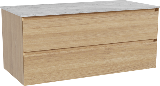 Balmani Mitra zwevend badkamermeubel 120 x 55 cm natuur eik met Stretto enkel of dubbel tablet in marmer carrara