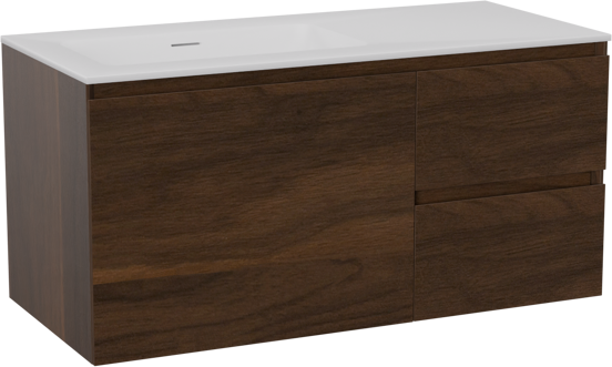 Storke Edge zwevend badkamermeubel 100 x 46 cm notelaar met Mata asymmetrisch linkse wastafel in solid surface mat wit