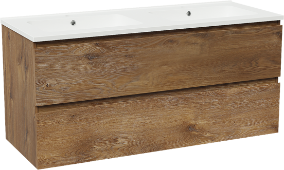Linie Lado hängendes Möbelstück Set: 120 x 46 cm, Braune Eiche, mit Vano Doppelwaschtisch, Marmorkomposit Weiß matt