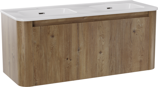 Storke Soft meuble salle de bains suspendu 120 x 46 cm chêne brut avec Kera Soft double vasque en porcelaine blanc brillant