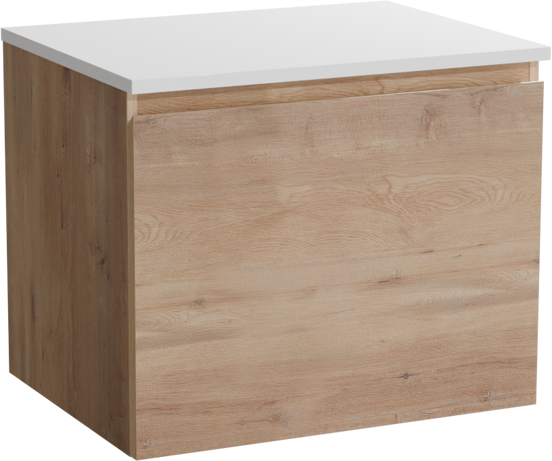 Linie Lado hängendes Möbelstück Set: 60 x 46 cm, Naturbelassene Eiche, mit Lado Einzel Waschtischplatte, Marmorkomposit Weiß glänzend