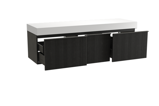 Balmani Forma zwevend badkamermeubel 180 x 55 cm zwarte eik met Dominus enkel of dubbel tablet in solid surface mat wit, Verticale symmetrische rechte ribbel