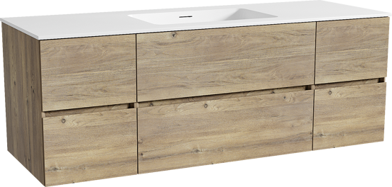 Storke Edge zwevend badmeubel 145 x 52 cm ruw eiken met Mata enkele wastafel in solid surface mat wit