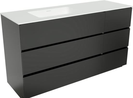 Storke Edge staand badmeubel 150 x 52 cm mat zwart met Mata asymmetrisch linkse wastafel in matte Solid Surface