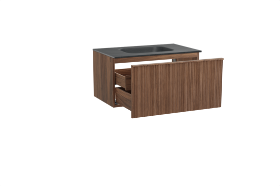 Balmani Forma zwevend badkamermeubel 90 x 55 cm amerikaanse notelaar met Tablo Arcato enkele wastafel in graniet zwart, Verticale asymmetrische ronde ribbel
