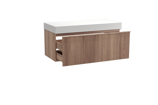 Balmani Forma hängendes Möbelstück Set: 120 x 55 cm, Teak, mit Dominus Einzel- oder Doppel Waschtischplatte, Solid Surface, Weiß matt, Vertikale symmetrische gerade Rippe