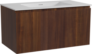 Storke Ribs meuble salle de bains suspendu 95 x 52 cm noyer avec Mata plan simple en solid surface blanc mat, Nervure droite symétrique verticale