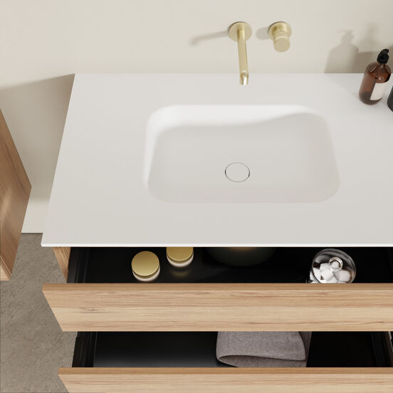 Balmani Lucida meuble salle de bains suspendu 150 x 55 cm teck avec Tablo Arcato double vasque en solid surface blanc mat