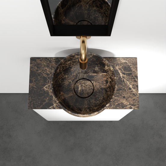 Balmani Mitra hängendes WC-Möbel-Set, 42 x 21 cm, weiß matt, mit Facetta Waschtischplatte und Bowl Aufsatzbecken in Dark Emperador Marmor