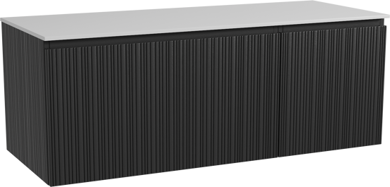 Storke Ribs hängendes Möbelstück Set: 130 x 52 cm, Schwarze Eiche, mit Tavola Einzel- oder Doppel Waschtischplatte, Solid Surface, Weiß matt, Vertikale asymmetrische gerade Rippe