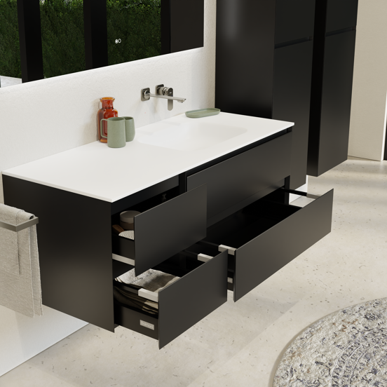 Balmani Mitra meuble salle de bains suspendu 135 x 55 cm noir mat avec Tablo Arcato vasque asymétrique droite en solid surface blanc mat