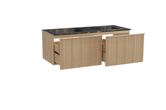 Balmani Forma zwevend badkamermeubel 135 x 55 cm natuur eik met Tablo Arcato dubbele wastafel in marmer portoro gold, Verticale asymmetrische ronde ribbel