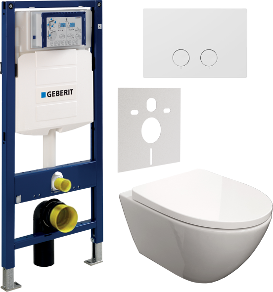 Luca Varess Moreno wc suspendu blanc brillant sans bride avec Geberit UP320 Systemfix bâti-support et plaque de commande