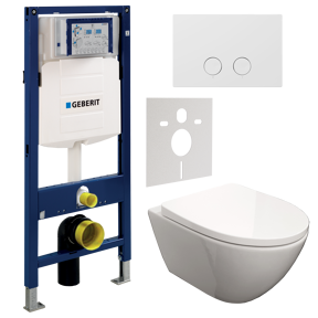 Luca Varess Moreno wc suspendu blanc brillant sans bride avec Geberit UP320 Systemfix bâti-support et plaque de commande