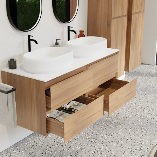 Balmani Mitra meuble salle de bains suspendu 135 x 55 cm teck avec Stretto tablette simple ou double en solid surface blanc mat