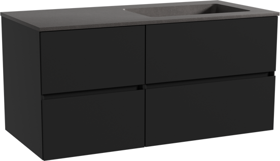 Storke Edge zwevend badmeubel 110 x 52 cm mat zwart met Scuro asymmetrisch rechtse wastafel in kwarts mat zwart