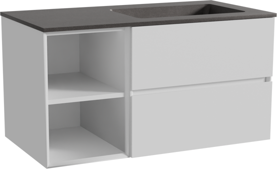 Storke Edge zwevend badmeubel 100 x 52 cm mat wit met Scuro asymmetrisch rechtse wastafel in kwarts mat zwart