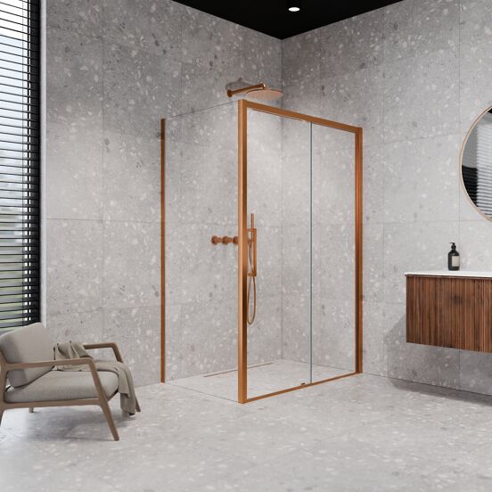 Balmani Senses Design douchecabine met rechtse schuifdeur en vaste zijwand, 120 x 100 cm, Helder glas, Brushed Rosegold profielen