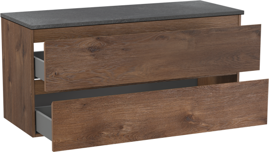 Linie Lado zwevend badmeubel 120 x 46 cm bruin eiken met Lado enkel of dubbel wastafelblad in melamine grijze leisteen