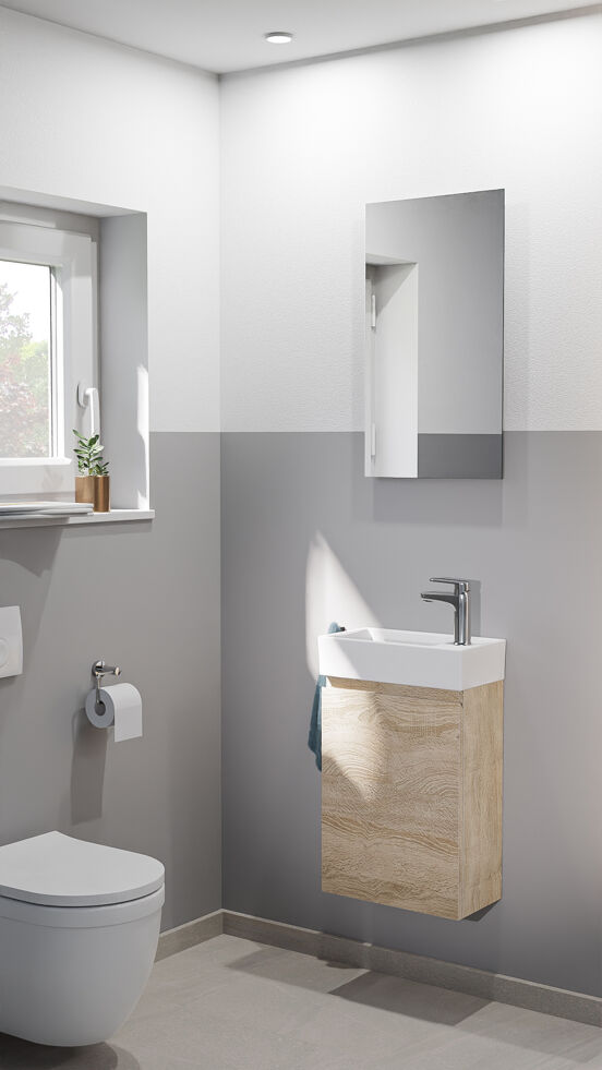 Linie Lado meuble wc suspendu 40 x 22 cm chêne blanc avec Baro lavabo en céramique blanc brillant