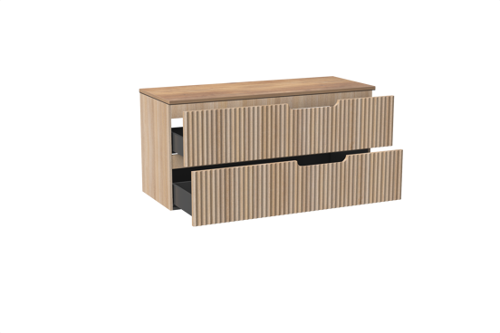 Linie Ribbo meuble salle de bains suspendu 120 x 46 cm chêne clair avec Lado tablette simple ou double en mélaminé chêne naturel, Nervure circulaire symétrique verticale