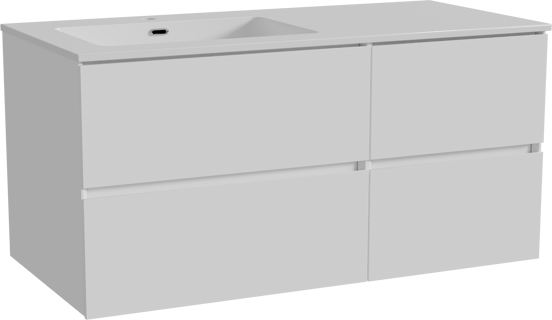 Storke Edge meuble salle de bains suspendu 110 x 52 cm blanc brillant avec Diva plan vasque asymétrique à gauche en marbre composite blanc brillant