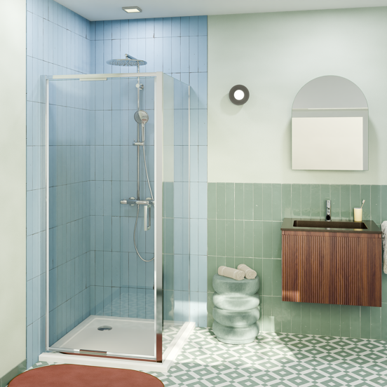 Luca Varess Vidor In Eckdusche: Drehtür und fixierte, Seitenwand, 90 x 80 cm, Klarglas, Chrom Profil, glänzend