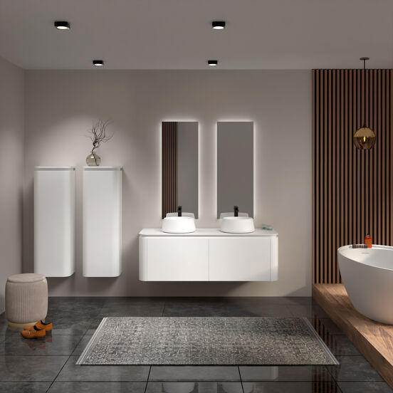 Balmani Moon meuble salle de bains suspendu 160 x 55 cm blanc mat avec Moon tablette simple ou double en solid surface blanc mat