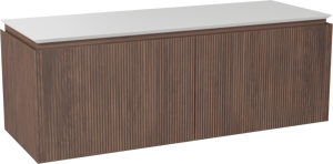 Balmani Eclips meuble salle de bains suspendu 150 x 55 cm Noyer américain avec Eclips tablette simple ou double vasque en Solid Surface blanc mat, Nervure droite symétrique verticale