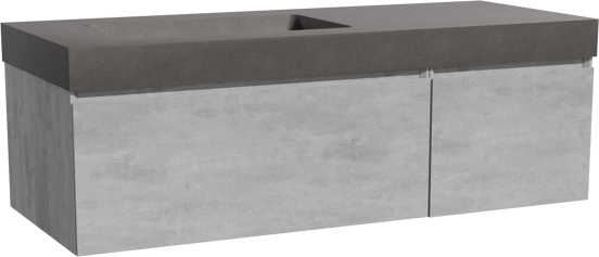 Storke Edge meuble salle de bains suspendu 130 x 52 cm béton gris foncé avec Scuro High plan vasque asymétrique à gauche en quartz noir mat