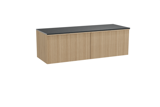 Balmani Forma zwevend badkamermeubel 150 x 55 cm natuur eik met Stretto enkel of dubbel tablet in graniet zwart, Verticale asymmetrische ronde ribbel